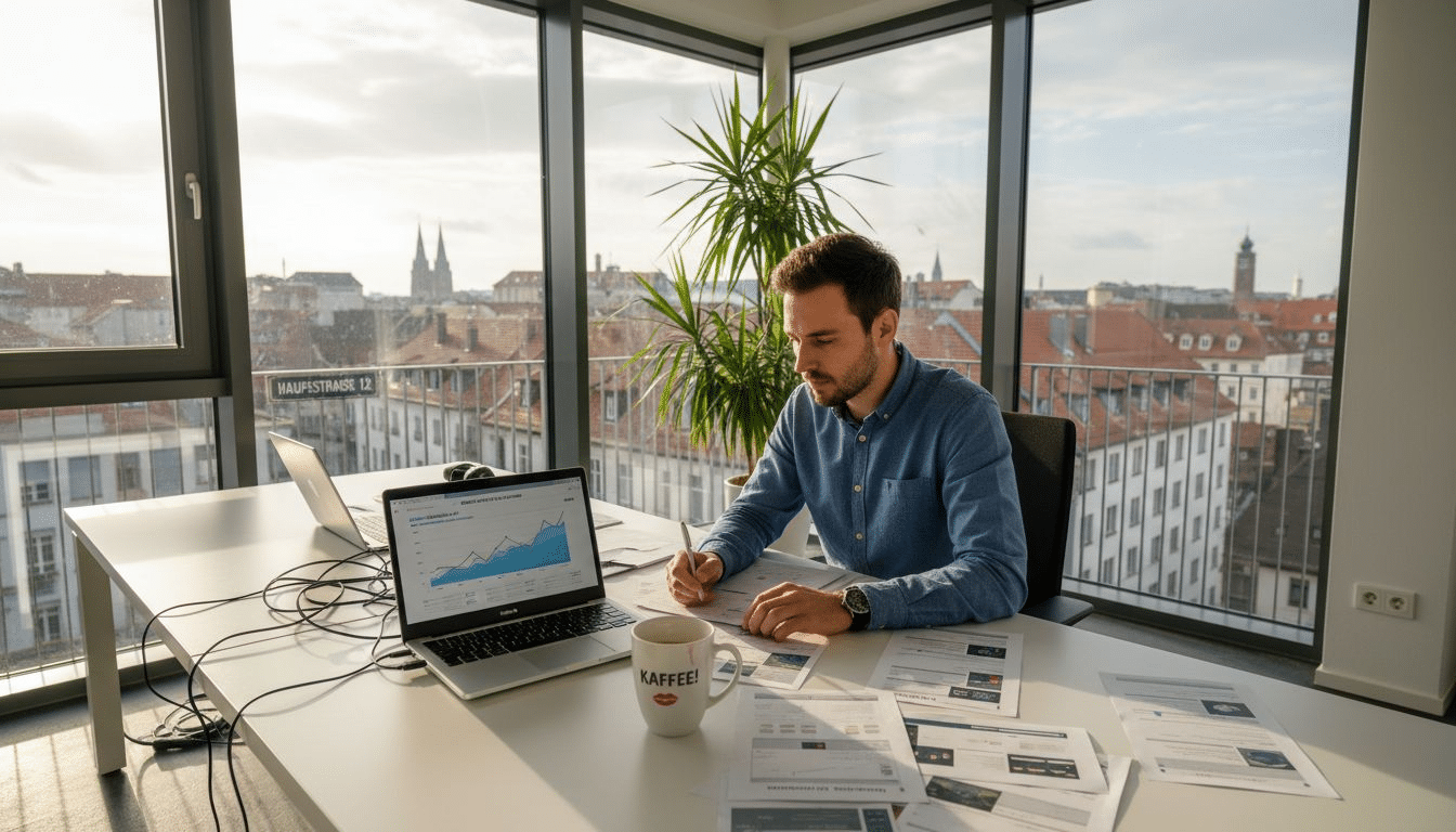 Ein Marketing-Experte analysiert am Schreibtisch die Website auf SEO-Potenziale.