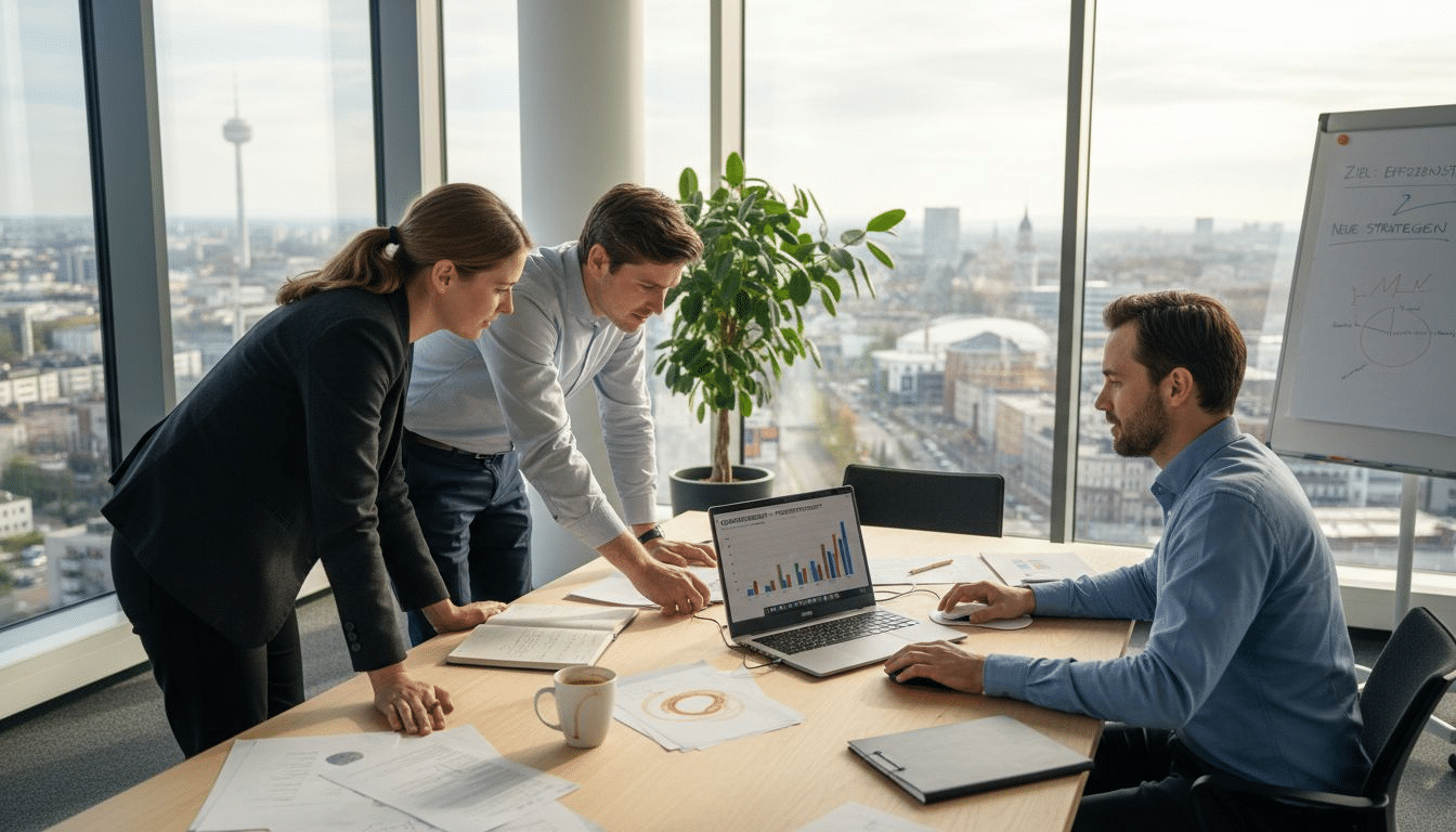 Ein Team sitzt gemeinsam am Konferenztisch und arbeitet an der Optimierung der Firmenwebsite.