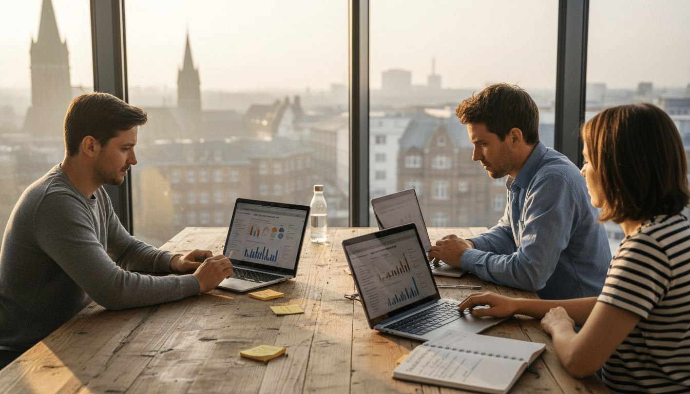 Ein Team analysiert gemeinsam die Website-Daten im Büro und diskutiert die aktuellen Besucherzahlen sowie das Nutzerverhalten.
