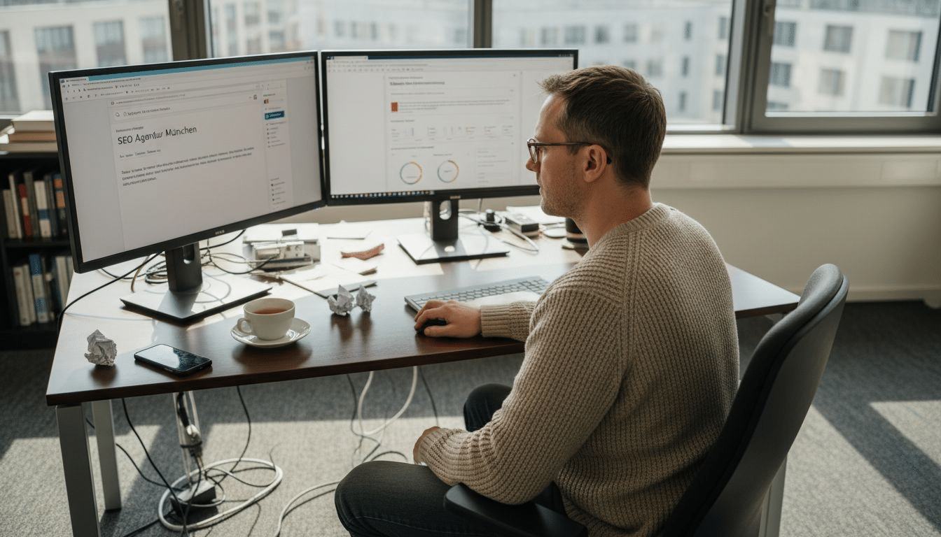 Ein SEO-Experte sitzt im Büro und arbeitet am Computer.