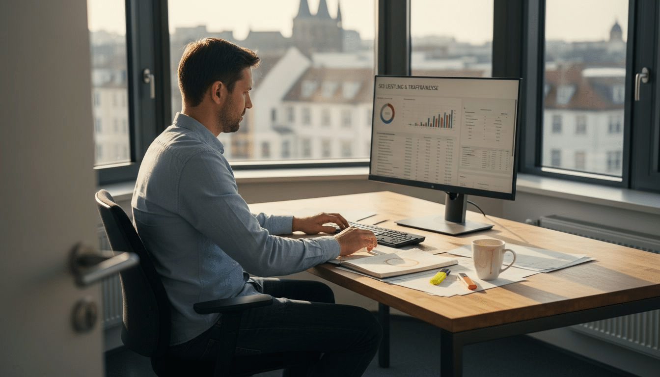 Ein SEO-Experte sitzt inmitten von Papierstapeln und Notizen an seinem vollgepackten Schreibtisch im Büro und arbeitet konzentriert an seinen Analysen.