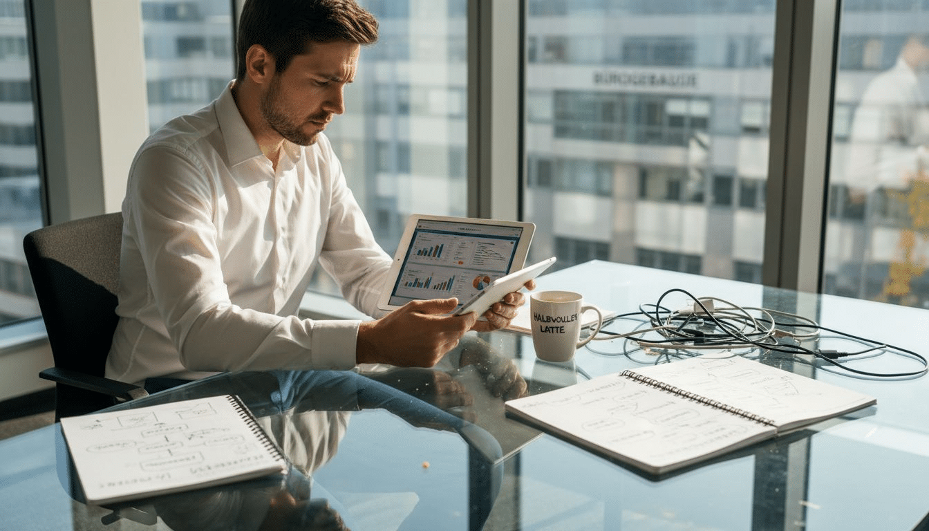 Ein Stratege sitzt an einem überfüllten Schreibtisch und analysiert digitale Kennzahlen.