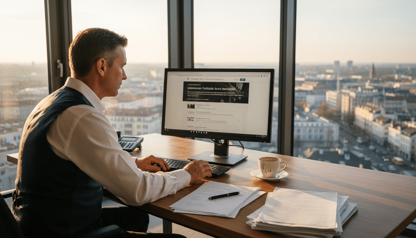 Ein Unternehmer sitzt im Büro und arbeitet konzentriert am Computer.