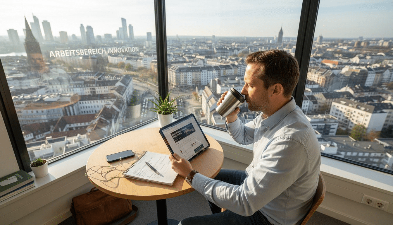 In einem städtischen Büro prüft ein Mann die mobile Version einer Webseite.