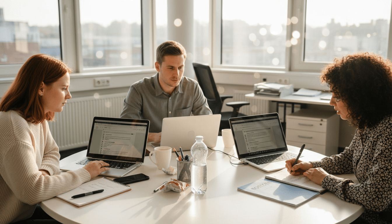 Das Marketing-Team tauscht sich gemeinsam im hellen Besprechungsraum aus.