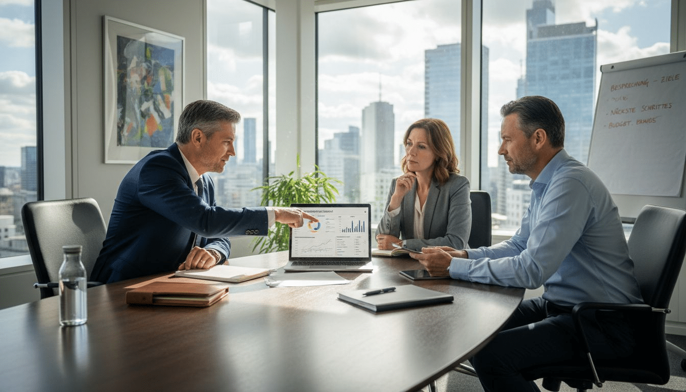 Im Besprechungsraum an der Ecke arbeitet das Digitalmarketing-Team gemeinsam an neuen Ideen.