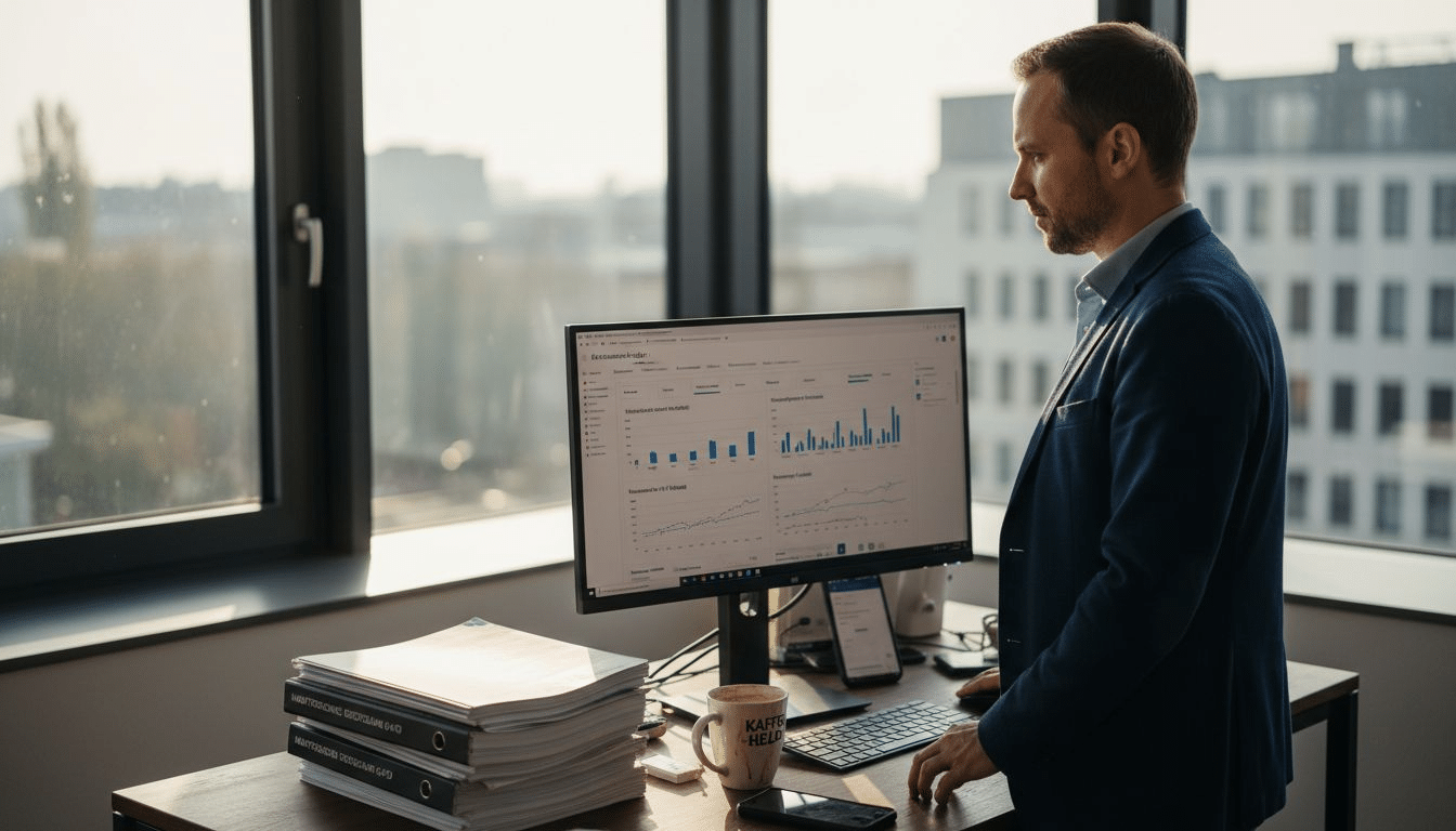Ein SEO-Experte sitzt in einem lichtdurchfluteten Eckbüro und arbeitet konzentriert an innovativen Online-Strategien.