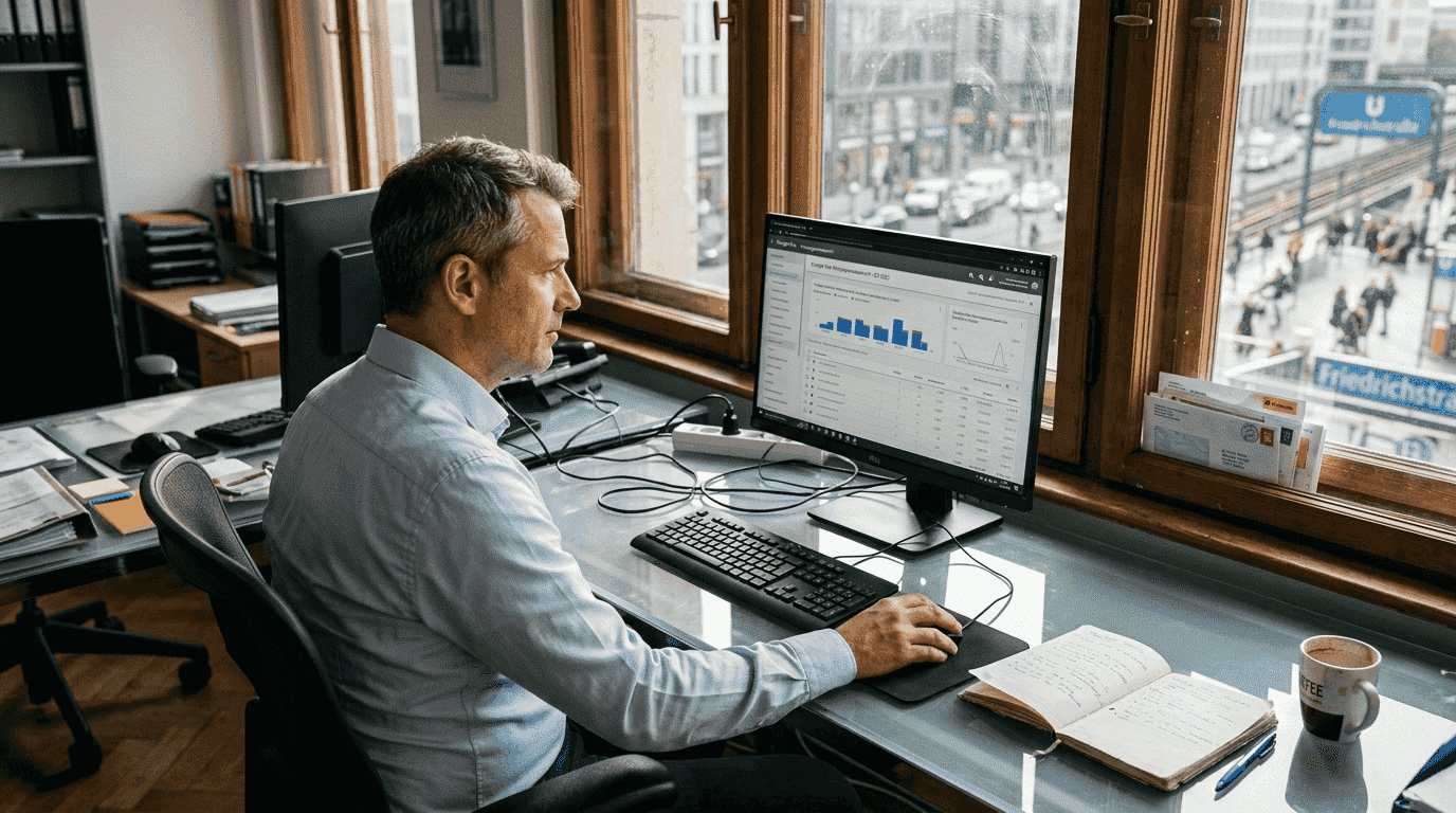 Ein Mann sitzt in einem modernen Stadtbüro und prüft Online-Anzeigen auf seinem Computer.