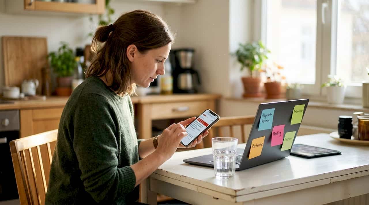 Am Küchentisch testet eine Frau die mobile Version einer Webseite auf ihrem Smartphone.