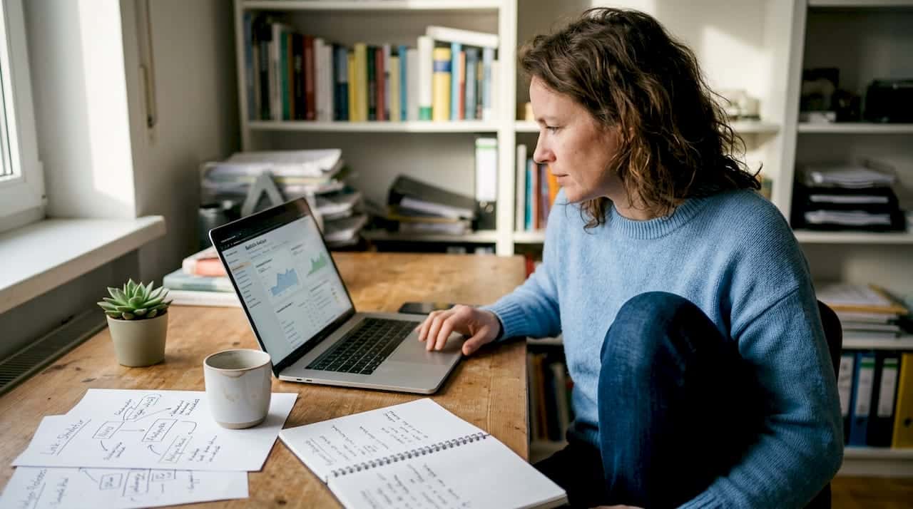 Eine Frau arbeitet im Homeoffice und nimmt die Backlink-Analyse ihrer Website unter die Lupe.