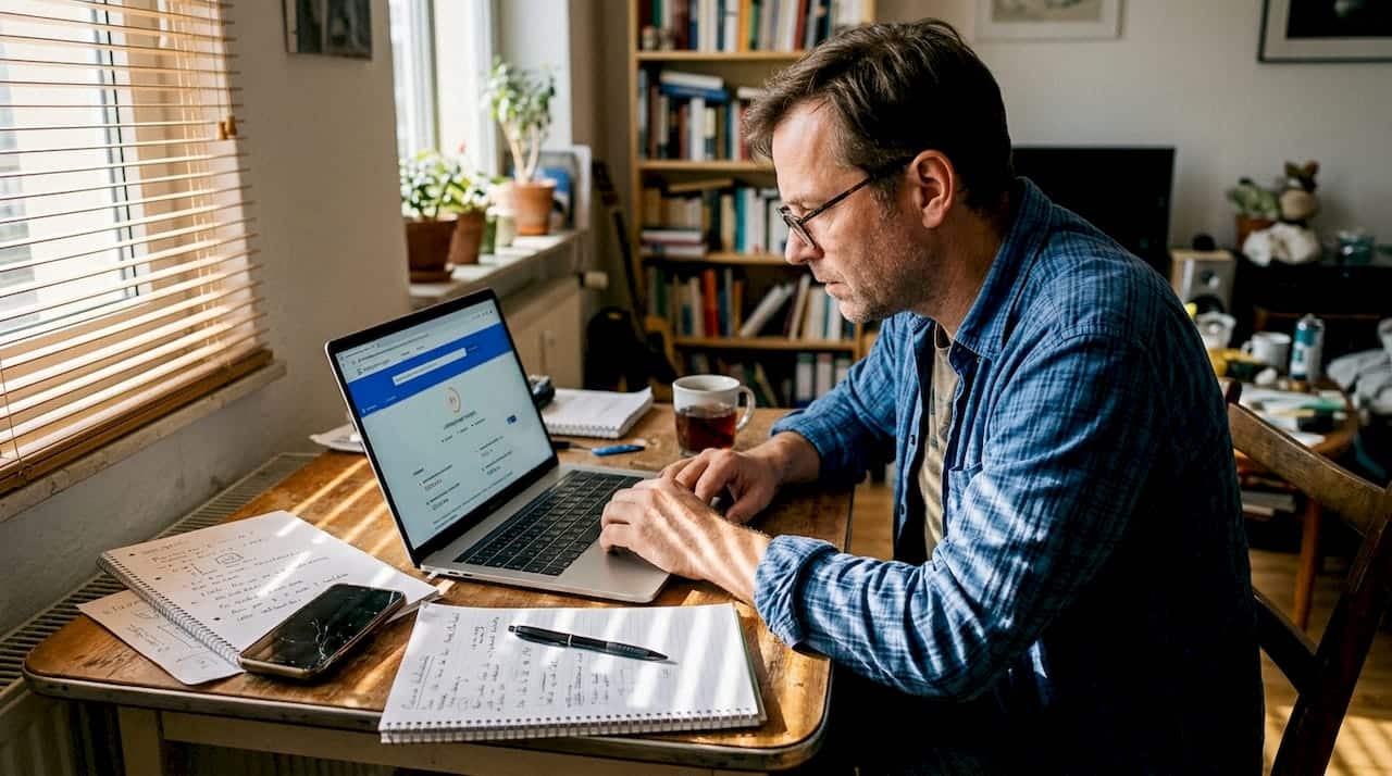 Ein Mann sitzt am Wohnzimmertisch und prüft die Ladegeschwindigkeit seiner Website.