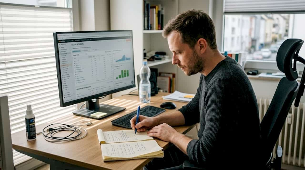 Im Homeoffice nimmt ein SEO-Experte die Website genau unter die Lupe und analysiert den aktuellen Crawl-Status.