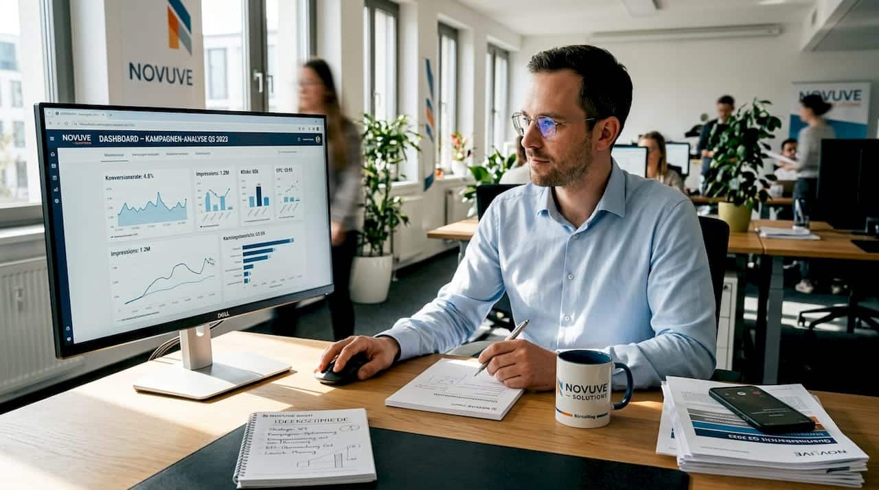 Ein Marketing-Profi sitzt am Schreibtisch und wertet SEO-Daten aus.