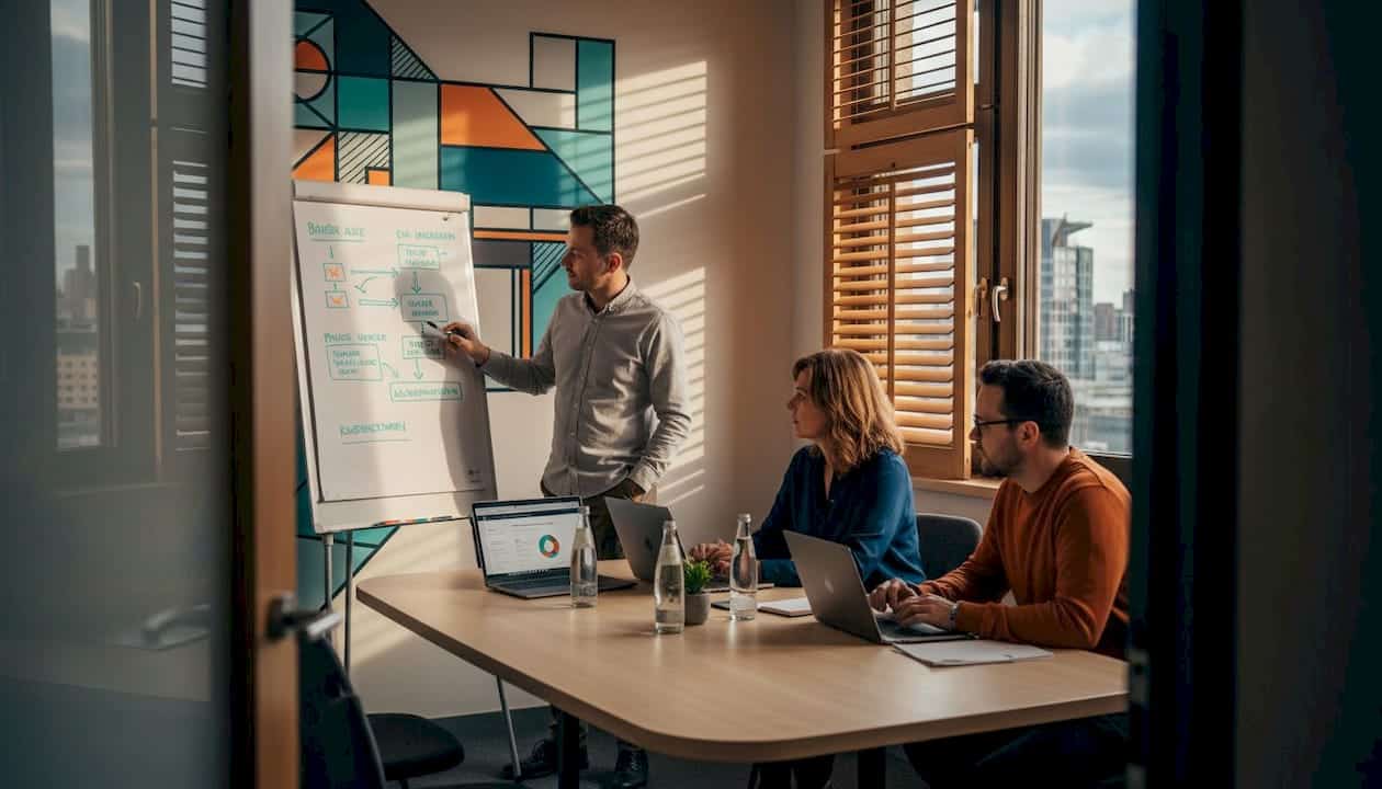 Das Team tauscht sich über Strategien zur Steigerung der Conversion-Rate aus.