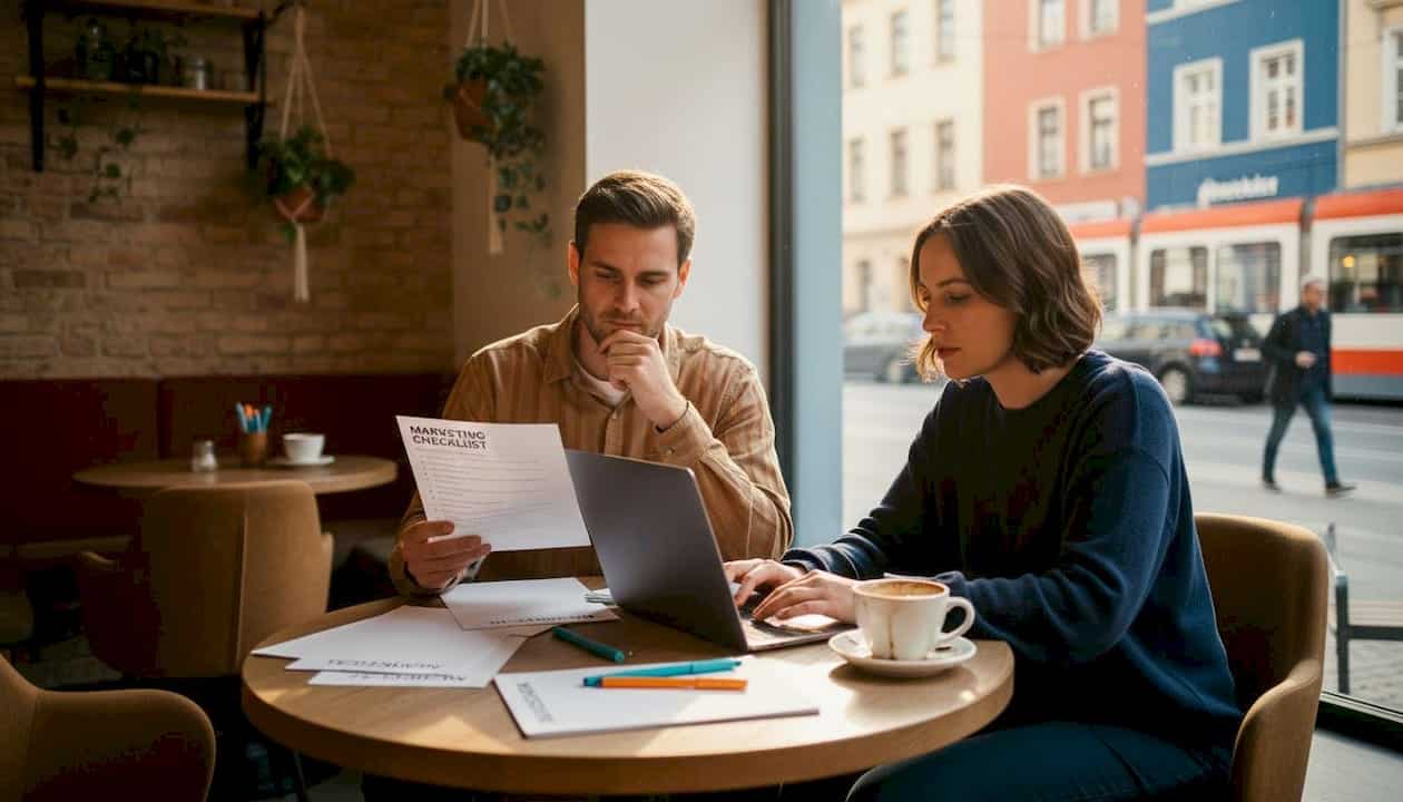 Im Büro sitzt das Team gemeinsam am Tisch und arbeitet konzentriert an einer Marketing-Checkliste.