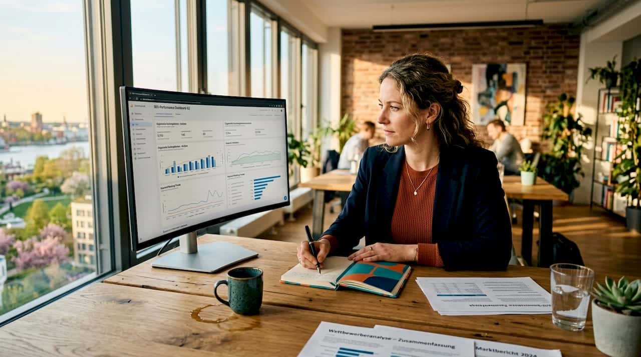 Ein Manager analysiert im Büro in der Innenstadt die aktuellen SEO-Daten und bewertet die Online-Performance des Unternehmens.