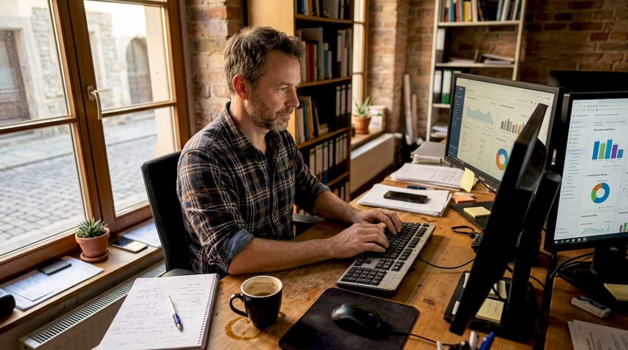 Ein Unternehmer feilt im Büro an seiner SEO-Strategie.